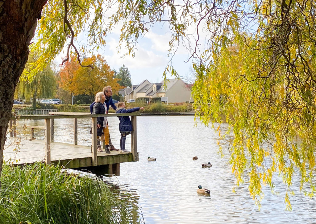 Une famille regardant l'avenir au bord de l'eau dans le magnifique parc du prieuré de Beaucouzé pendant l'automne et avec des canards